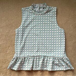 Ann Taylor White Geometric Ruffle Neck Sleeveless Peplum Blouse - Size L - EUC